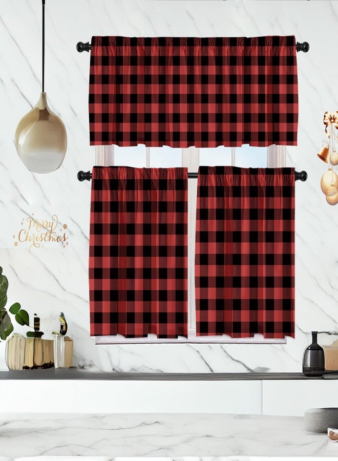 Deztibos Buffalo Check Tiers and Valances Set Black and Red Farmhouse Kitchen Window Curtain Rod Pocket Window Treatment Decor Curtain - Image 5